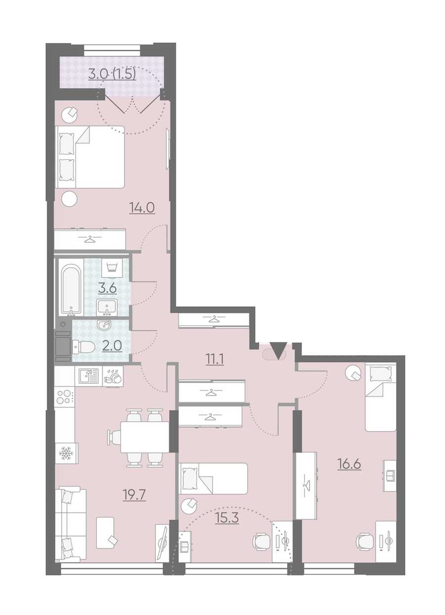Трехкомнатная квартира в : площадь 83.8 м2 , этаж: 13 – купить в Санкт-Петербурге